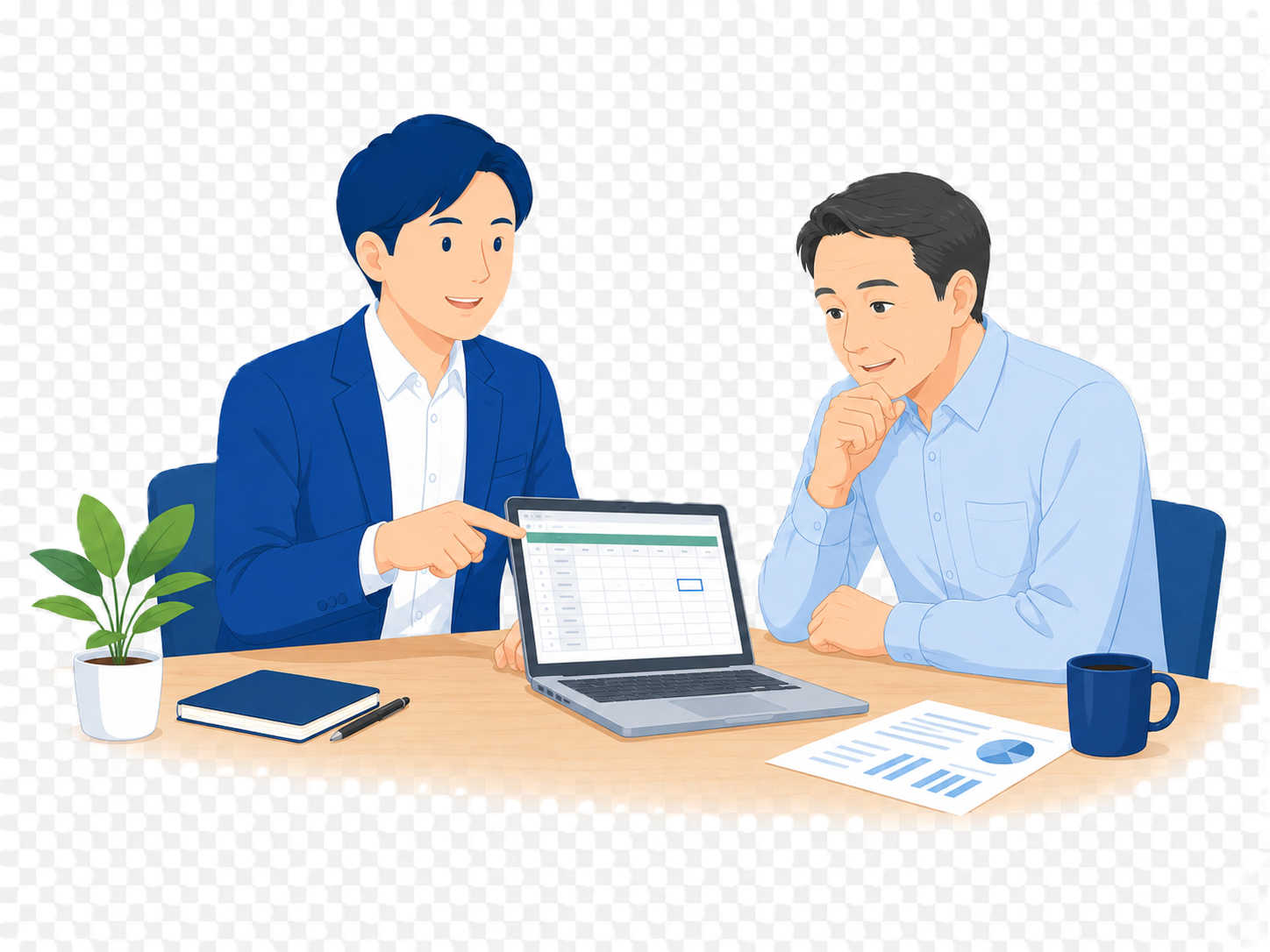 地域の事業者にExcelを見せながら相談に乗るITサポート